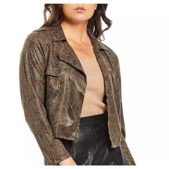 Skies Are Blue Snakeskin Moto Jacket M Olive Cropped Vegan Suede Indie Sleaze - Picture 1 of 16